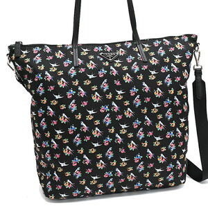 Prada shopper tote bag Floral Flower nylon black triangle logo plate